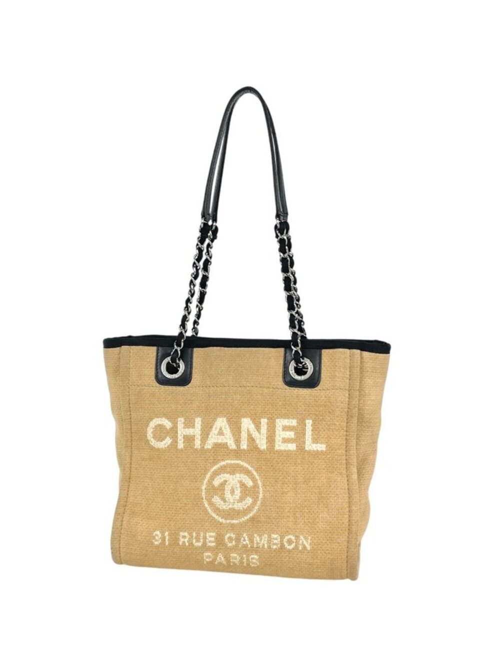 Chanel Deauville Chain Tote Bag CC Logo PM Canvas Beige